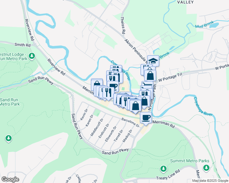 map of restaurants, bars, coffee shops, grocery stores, and more near 1238 Weathervane Lane in Akron