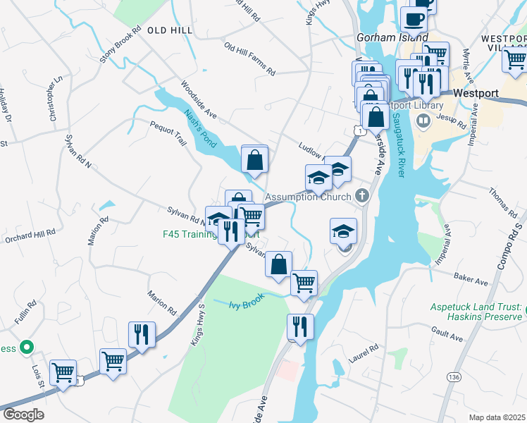 map of restaurants, bars, coffee shops, grocery stores, and more near 199 Post Road in Westport