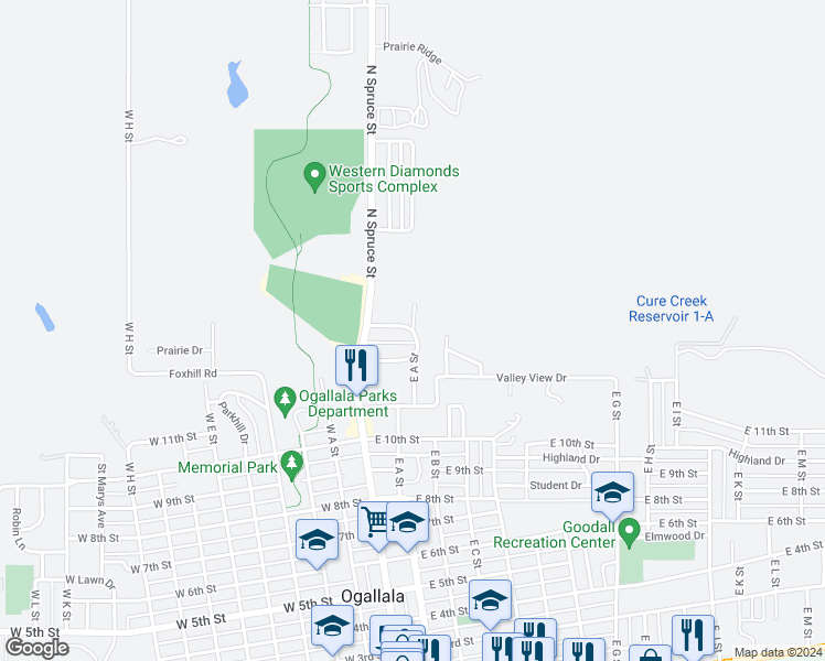 map of restaurants, bars, coffee shops, grocery stores, and more near 1300 East A Street in Ogallala