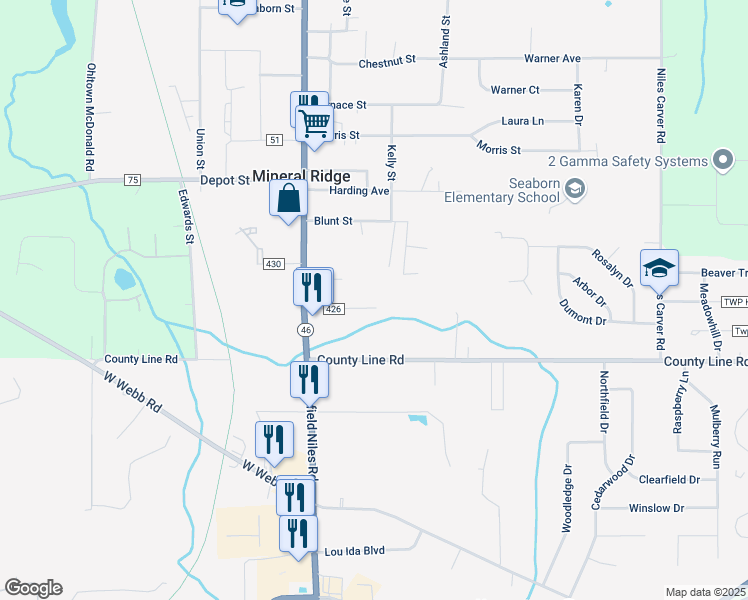 map of restaurants, bars, coffee shops, grocery stores, and more near 1493 Lincoln Ave in Mineral Ridge