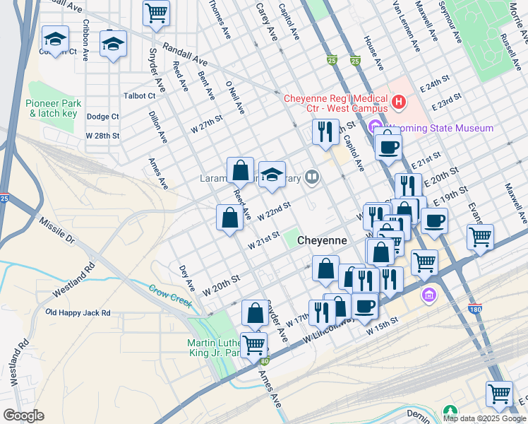 map of restaurants, bars, coffee shops, grocery stores, and more near 2200 Bent Avenue in Cheyenne