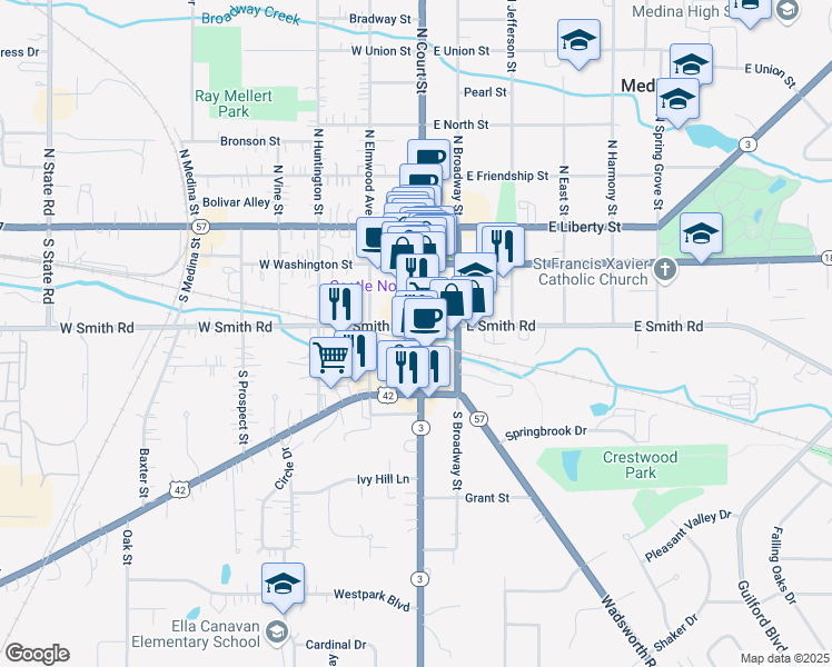 map of restaurants, bars, coffee shops, grocery stores, and more near 260 South Court Street in Medina