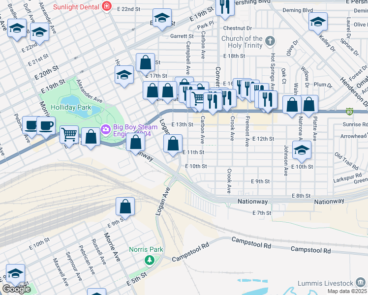 map of restaurants, bars, coffee shops, grocery stores, and more near 2020 East 11th Street in Cheyenne