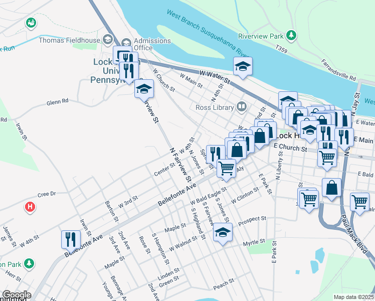 map of restaurants, bars, coffee shops, grocery stores, and more near 151 North Jones Street in Lock Haven