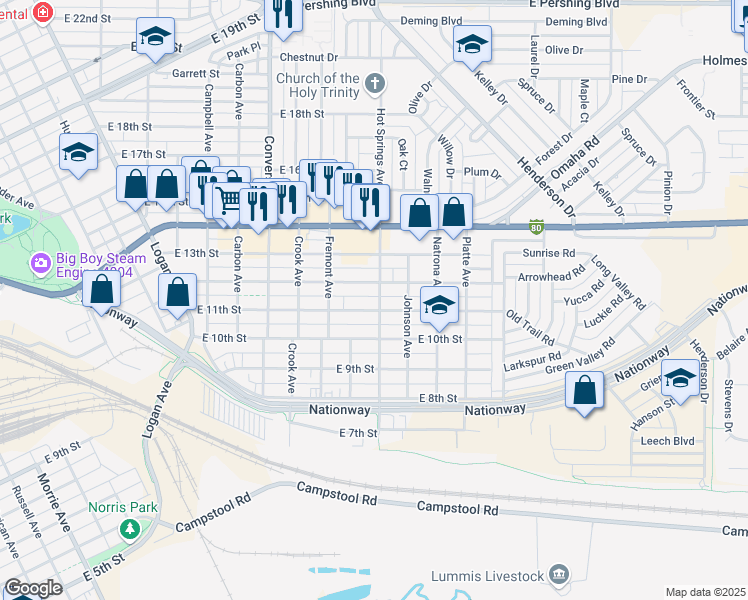 map of restaurants, bars, coffee shops, grocery stores, and more near 1110 Hot Springs Ave in Cheyenne