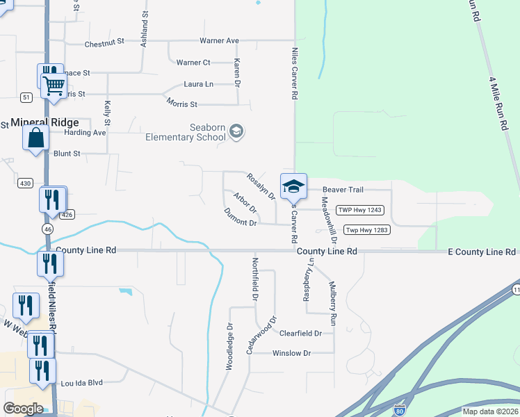 map of restaurants, bars, coffee shops, grocery stores, and more near 1761 Arbor Drive in Mineral Ridge