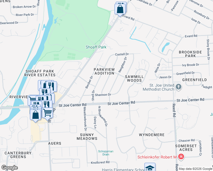 map of restaurants, bars, coffee shops, grocery stores, and more near 6108 Goodfellow Drive in Fort Wayne