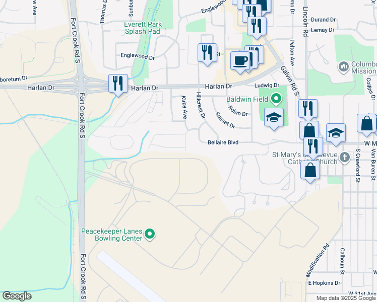 map of restaurants, bars, coffee shops, grocery stores, and more near 111 Crestridge Drive in Bellevue