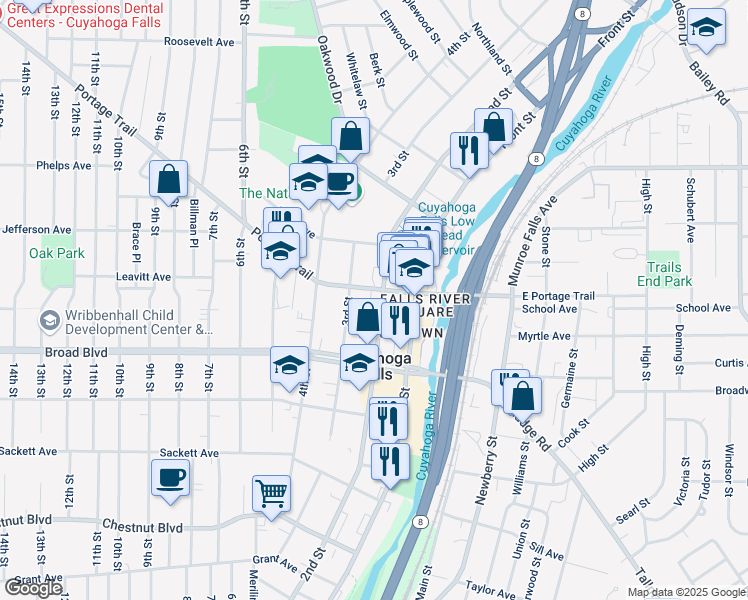 map of restaurants, bars, coffee shops, grocery stores, and more near 208 Portage Trail in Cuyahoga Falls
