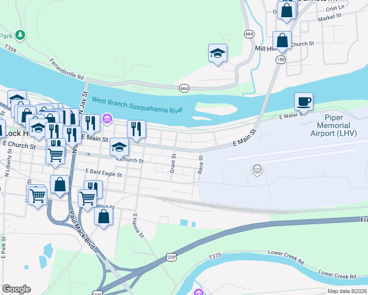 map of restaurants, bars, coffee shops, grocery stores, and more near 719 East Main Street in Lock Haven
