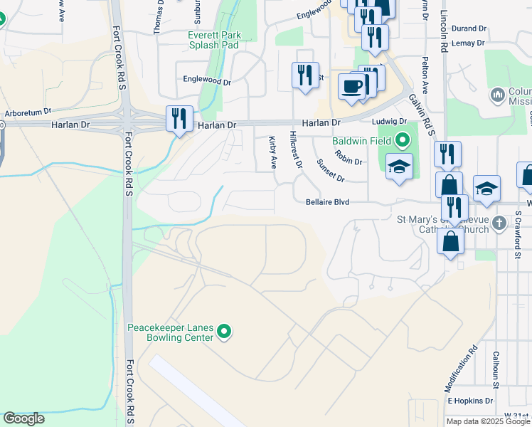 map of restaurants, bars, coffee shops, grocery stores, and more near 111 Crestridge Drive in Bellevue