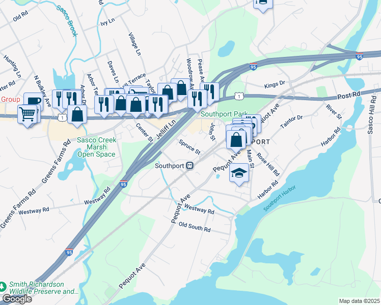 map of restaurants, bars, coffee shops, grocery stores, and more near 51 Spruce Street in Fairfield