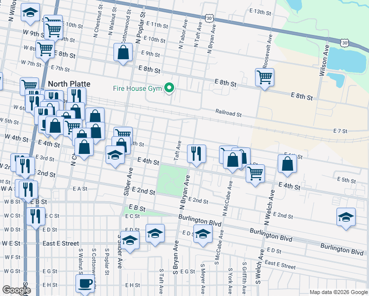 map of restaurants, bars, coffee shops, grocery stores, and more near 1101-1199 E 5th St in North Platte