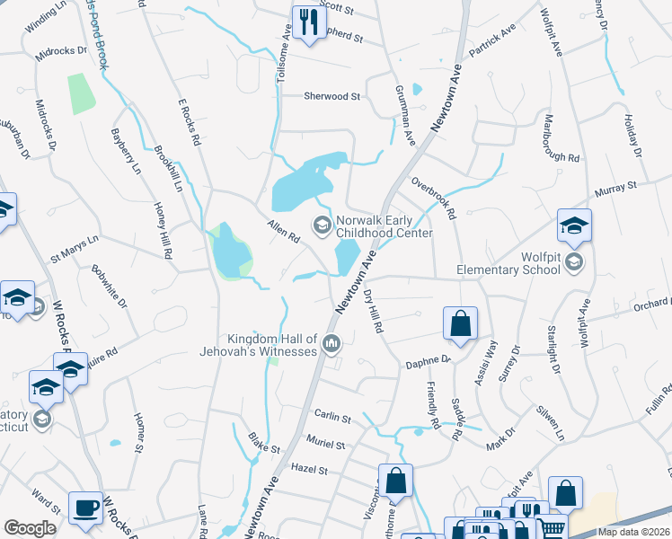 map of restaurants, bars, coffee shops, grocery stores, and more near 7 Allen Road in Norwalk