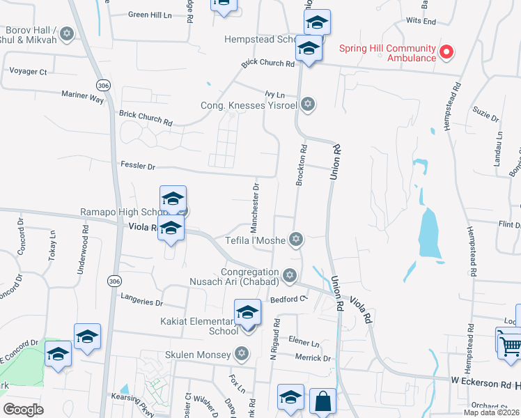 map of restaurants, bars, coffee shops, grocery stores, and more near 17 Manchester Drive in Spring Valley