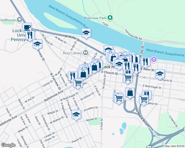 map of restaurants, bars, coffee shops, grocery stores, and more near 7 1st Street in Lock Haven
