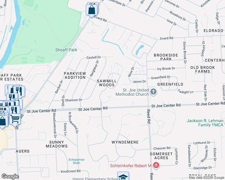 map of restaurants, bars, coffee shops, grocery stores, and more near 6028 Sawmill Woods Drive in Fort Wayne