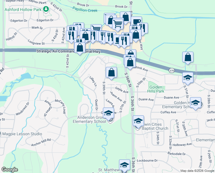 map of restaurants, bars, coffee shops, grocery stores, and more near 3806 Gayle Avenue in Bellevue