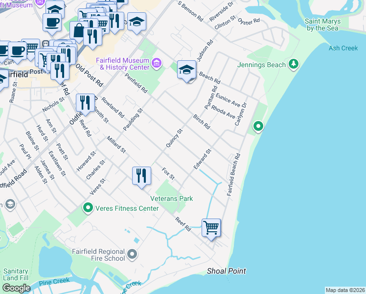 map of restaurants, bars, coffee shops, grocery stores, and more near 266 Lalley Boulevard in Fairfield