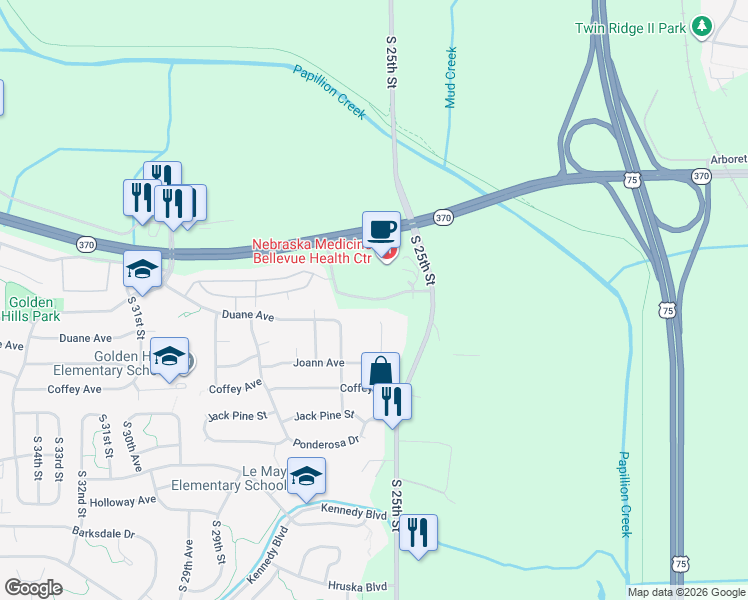map of restaurants, bars, coffee shops, grocery stores, and more near Bellevue Medical Center Drive in Bellevue