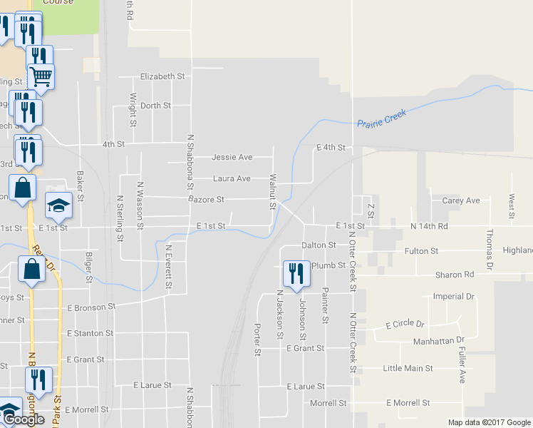 map of restaurants, bars, coffee shops, grocery stores, and more near 1406 Walnut Street in Streator