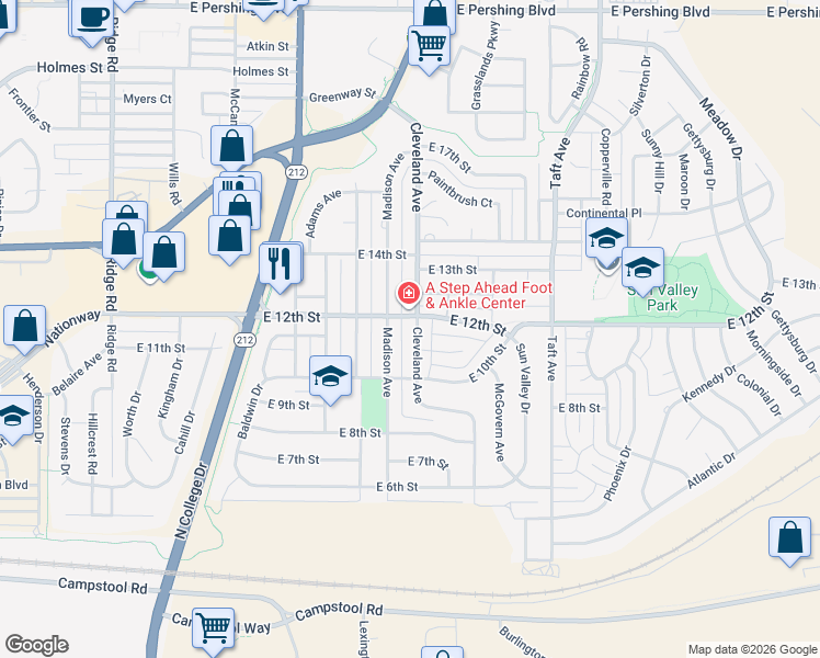 map of restaurants, bars, coffee shops, grocery stores, and more near 1105 Cleveland Avenue in Cheyenne