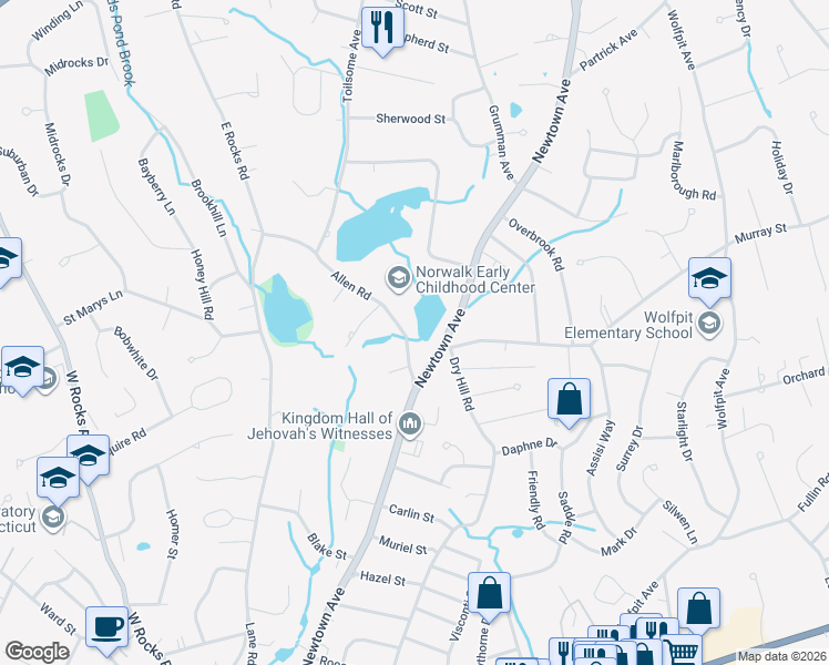 map of restaurants, bars, coffee shops, grocery stores, and more near 7 Allen Road in Norwalk