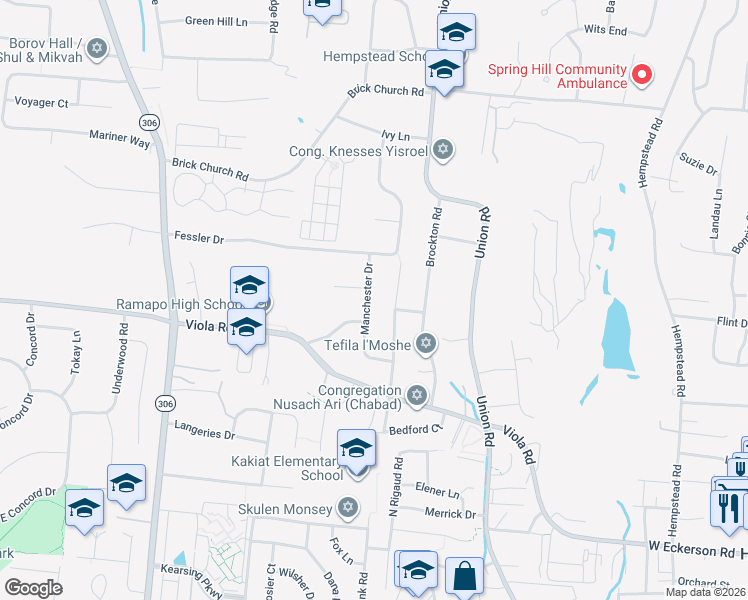 map of restaurants, bars, coffee shops, grocery stores, and more near 17 Manchester Drive in Spring Valley