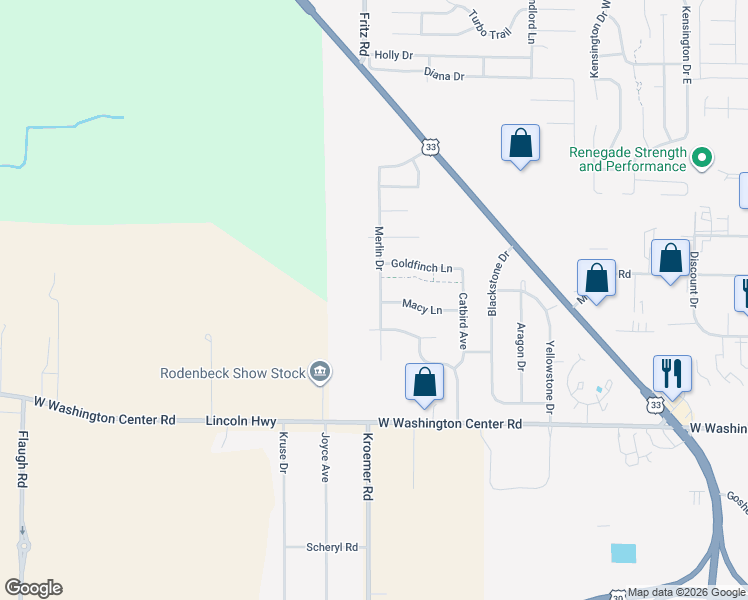 map of restaurants, bars, coffee shops, grocery stores, and more near 6201 Merlin Drive in Fort Wayne