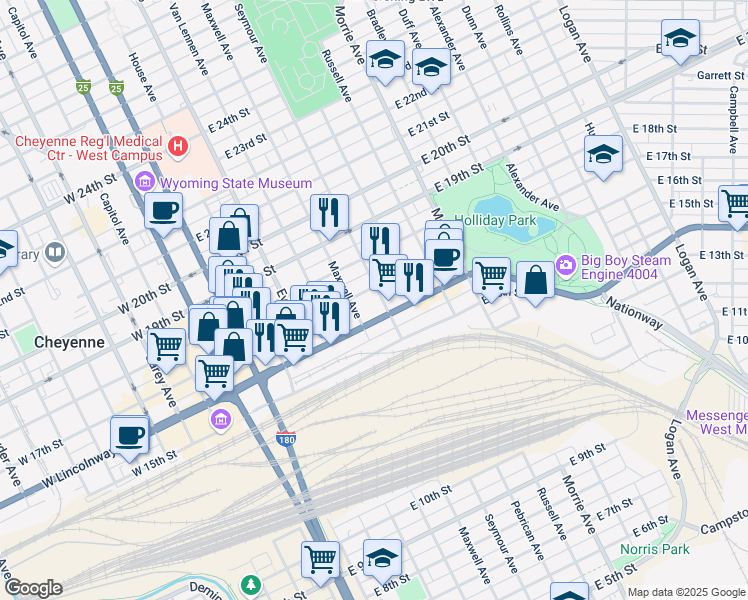 map of restaurants, bars, coffee shops, grocery stores, and more near 620 East 16th Street in Cheyenne