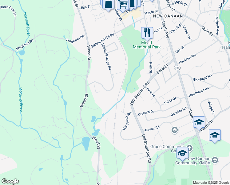map of restaurants, bars, coffee shops, grocery stores, and more near 152 Marshall Ridge Road in New Canaan