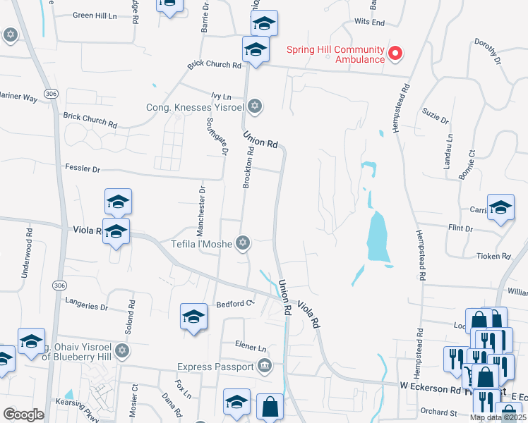 map of restaurants, bars, coffee shops, grocery stores, and more near 22 Brockton Road in Spring Valley
