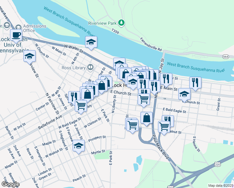 map of restaurants, bars, coffee shops, grocery stores, and more near 115 North Liberty Street in Lock Haven