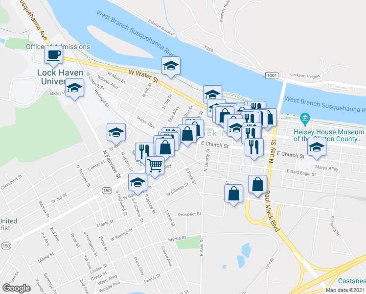 map of restaurants, bars, coffee shops, grocery stores, and more near 7 1st Street in Lock Haven