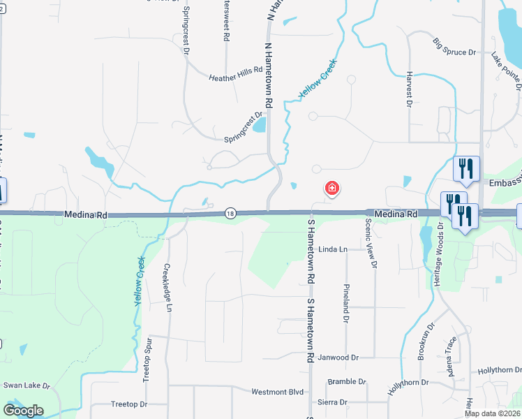map of restaurants, bars, coffee shops, grocery stores, and more near 21 North Hametown Road in Akron