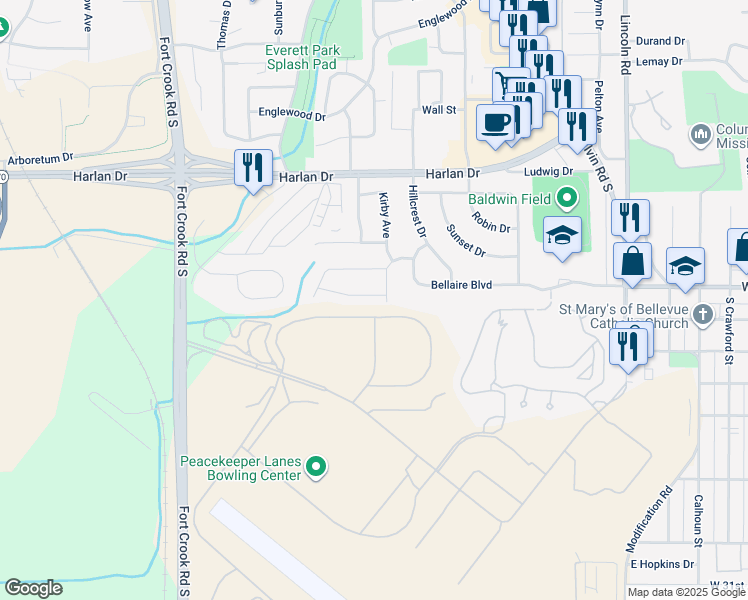map of restaurants, bars, coffee shops, grocery stores, and more near 111 Crestridge Drive in Bellevue