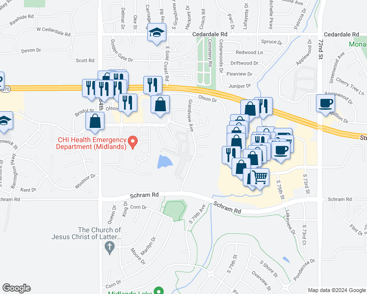 map of restaurants, bars, coffee shops, grocery stores, and more near 1600 Grandview Avenue in Papillion