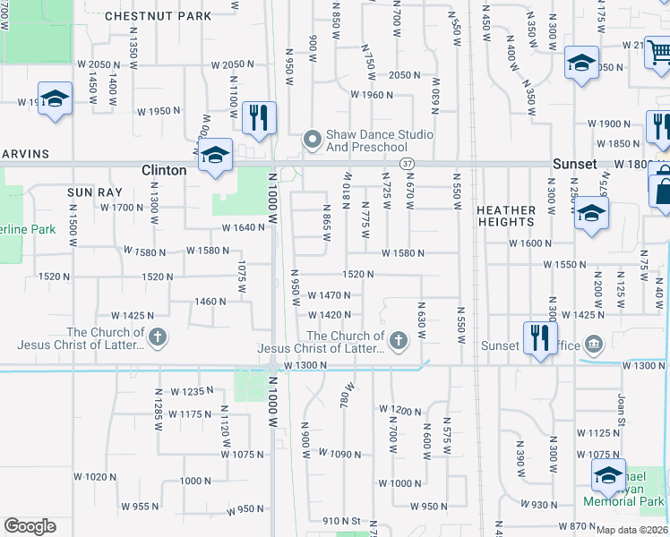 map of restaurants, bars, coffee shops, grocery stores, and more near 846 West 1520 North in Clinton
