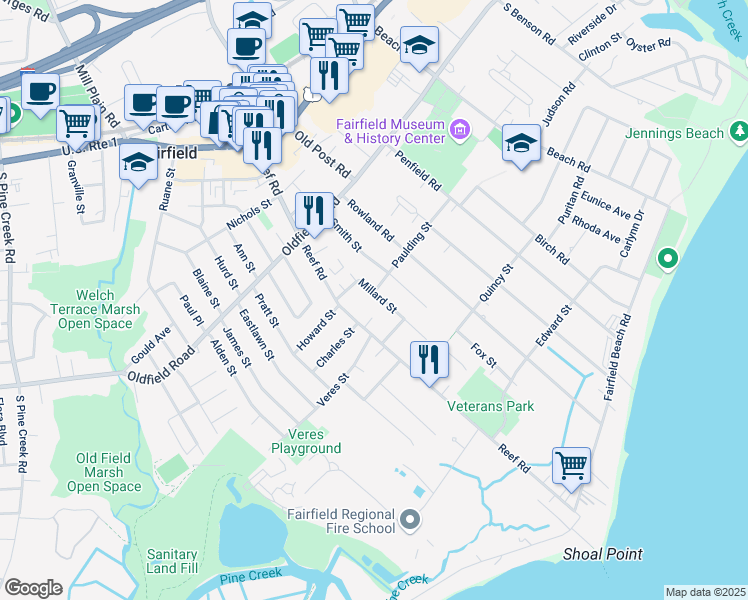 map of restaurants, bars, coffee shops, grocery stores, and more near 172 Millard Street in Fairfield