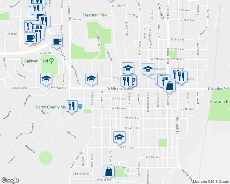 map of restaurants, bars, coffee shops, grocery stores, and more near 607 West Mission Avenue in Bellevue