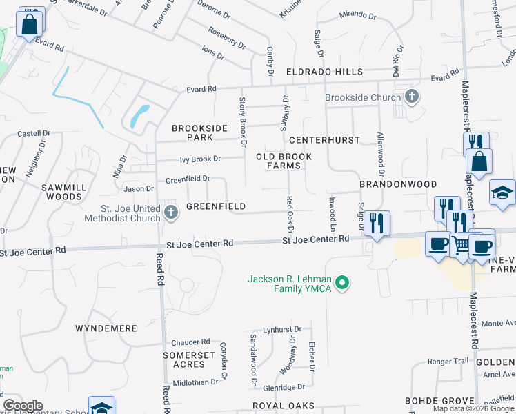 map of restaurants, bars, coffee shops, grocery stores, and more near 5227 Twilight Lane in Fort Wayne