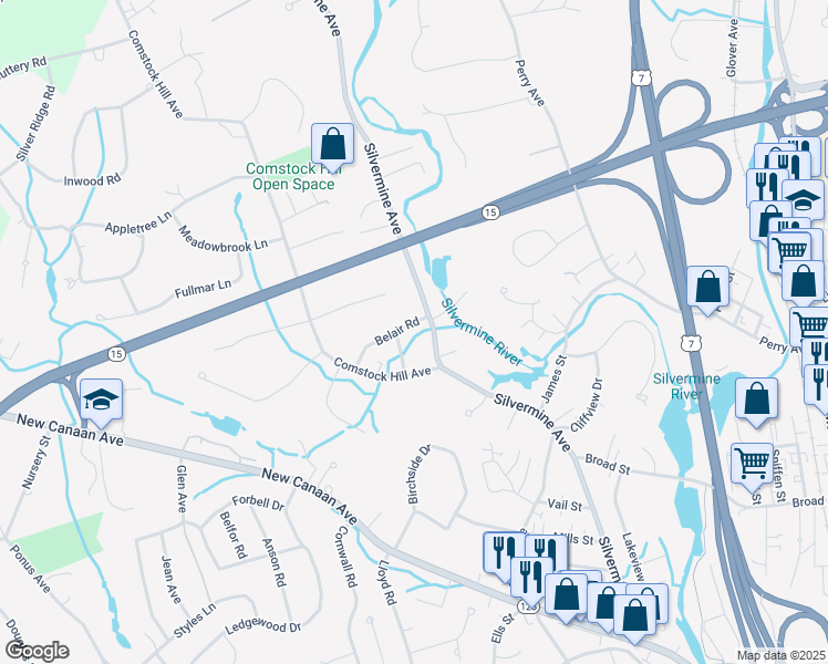 map of restaurants, bars, coffee shops, grocery stores, and more near 145 Silvermine Avenue in Norwalk