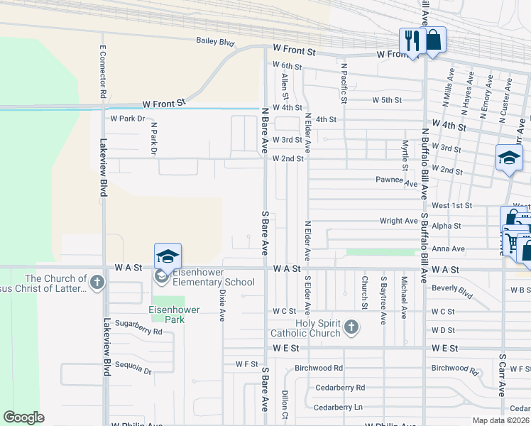 map of restaurants, bars, coffee shops, grocery stores, and more near 22 South Bare Avenue in North Platte