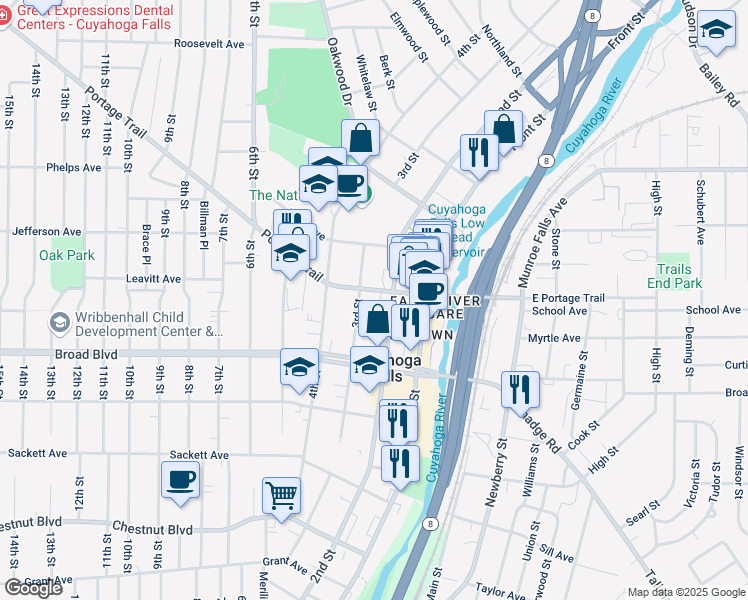 map of restaurants, bars, coffee shops, grocery stores, and more near 208 Portage Trail in Cuyahoga Falls