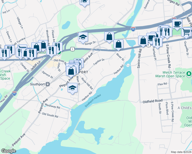 map of restaurants, bars, coffee shops, grocery stores, and more near 137 Rose Hill Road in Fairfield