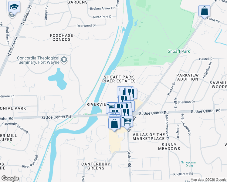 map of restaurants, bars, coffee shops, grocery stores, and more near 6014 East Shore Drive in Fort Wayne