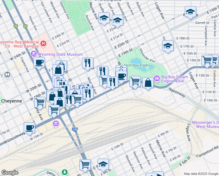 map of restaurants, bars, coffee shops, grocery stores, and more near 722 East Lincolnway in Cheyenne