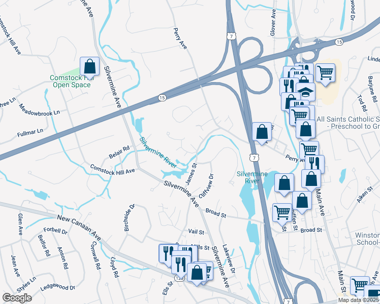 map of restaurants, bars, coffee shops, grocery stores, and more near 202 Silver Creek Lane in Norwalk