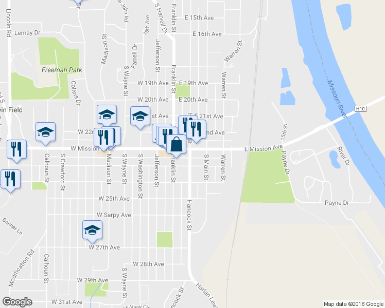 map of restaurants, bars, coffee shops, grocery stores, and more near 201 East Mission Avenue in Bellevue