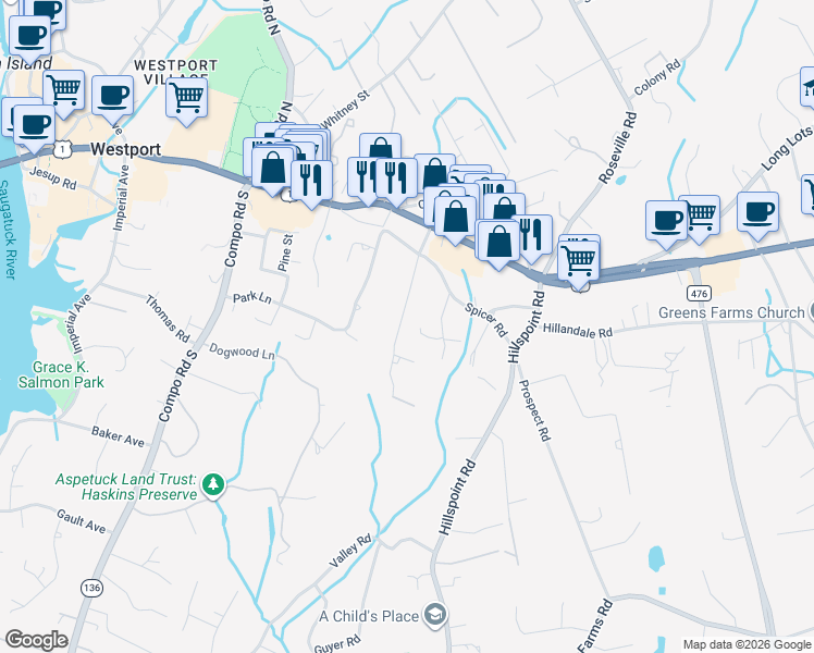 map of restaurants, bars, coffee shops, grocery stores, and more near 23 Rayfield Road in Westport